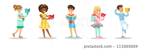Kid Character Reading Book Enjoying Literature Vector Set 113889889