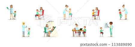 Kids On Medical Examination at Woman Doctor Pediatrician Vector Set Kids On Medical Examination at Woman Doctor Pediatrician Vector Set 113889890