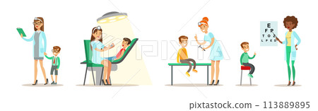 Kids On Medical Examination at Woman Doctor Pediatrician Vector Set 113889895