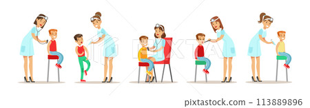 Kids On Medical Examination at Woman Doctor Pediatrician Vector Set 113889896