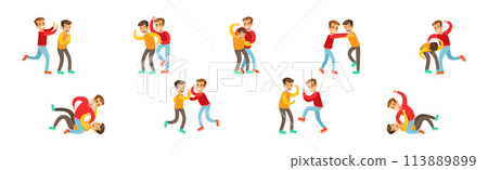 Two Boys Fist Fighting and Beating Each Other Vector Set 113889899
