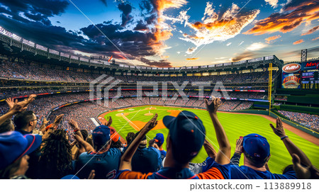 Crowd of people standing on top of baseball field under cloudy sky. 113889918
