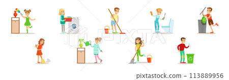 Children Character Helping With Home Cleanup Vector Set Children Character Helping With Home Cleanup Vector Set 113889956