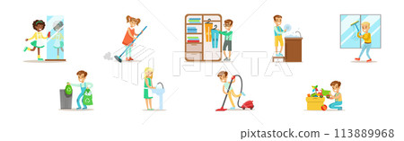 Children Character Helping With Home Cleanup Vector Set Children Character Helping With Home Cleanup Vector Set 113889968