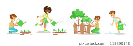 Kid Characters Saving Nature Care of Green Planet Vector Set 113890148