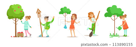 Children Volunteer Character Plant Tree and Care of Nature Vector Set 113890155