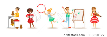 Talented Children Enjoy Creative Hobby and Activity Vector Set 113890177