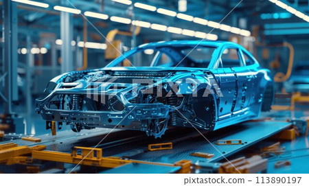 Movement of vehicles along the production line at the plant. Car Assembly shop. Car Assembly by parts 113890197