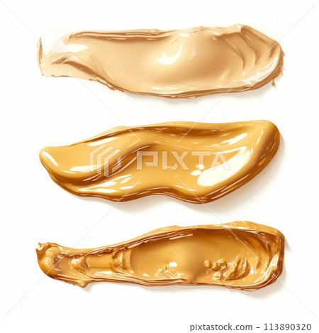 Gold smear and texture of lipstick. Brushstroke acrylic smear. Element for beauty cosmetic design. 113890320