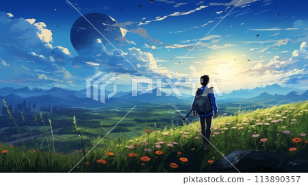 Beautiful landscape background. Cartoon summer sunset with clouds, mountain and field. Anime style 113890357