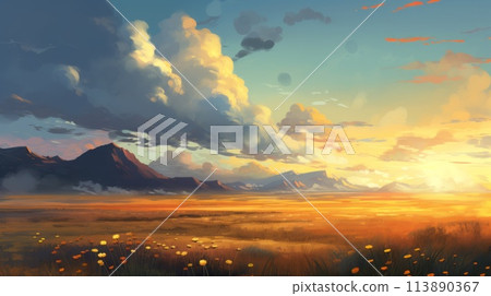 Beautiful landscape background. Cartoon summer sunset with clouds, mountain and lake. Anime style 113890367