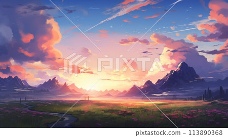 Beautiful landscape background. Cartoon summer sunset with clouds, mountain and field. Anime style 113890368