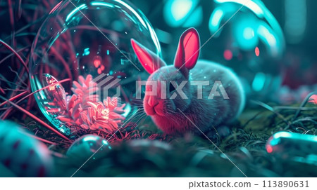 Happy easter background. Neon Easter bunny Happy easter background. Neon Easter bunny 113890631