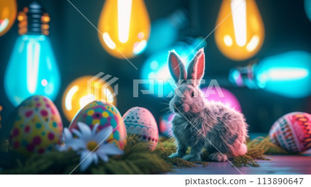 Happy easter background. Neon Easter bunny 113890647
