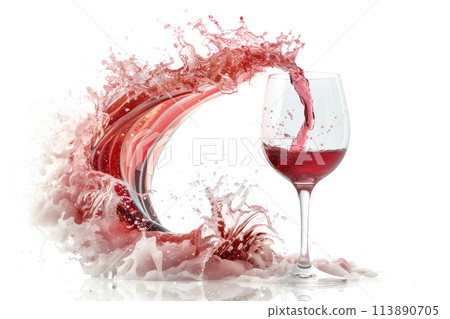 A glass of red wine being poured into it, capturing the elegant motion of the liquid filling up the container. 113890705