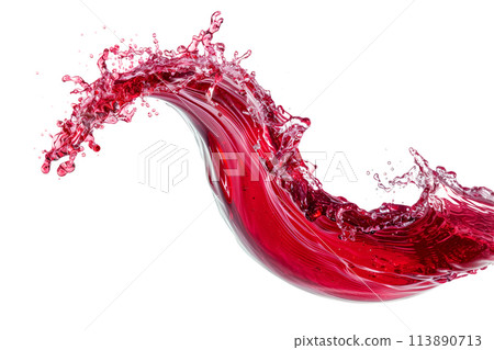 A vibrant splash of red liquid resembling an wine wave on white background A vibrant splash of red liquid resembling an wine wave on white background 113890713