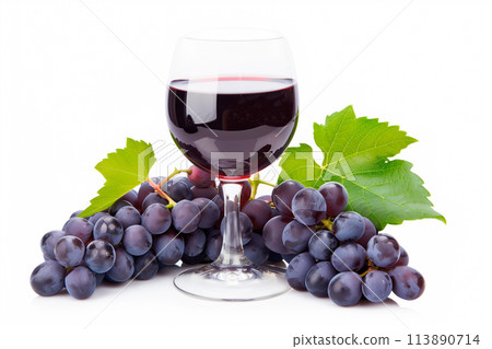 Wine bottle, glass and grapes isolated on a white background. Rose wine splashing in glassware Wine bottle, glass and grapes isolated on a white background. Rose wine splashing in glassware 113890714