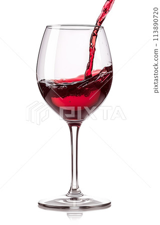Red wine pouring into glass isolated on white background. Rose wine splashing in glassware. 113890720