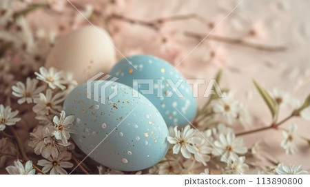 Happy easter banner background. Easter eggs with flowers Happy easter banner background. Easter eggs with flowers 113890800