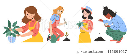 Set of happy women enjoy gardening and planting. Urban gardening collection. Vector illustration. 113891017