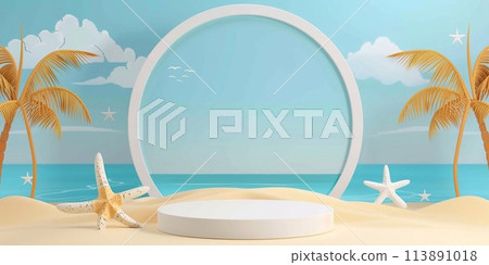 3D Rendering of Beach scene display podium with sand and summer beach, scene design background. 113891018