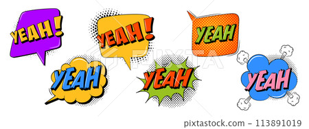 Speech bubble set in trendy retro style. YEAH text. Comic sound effects 113891019