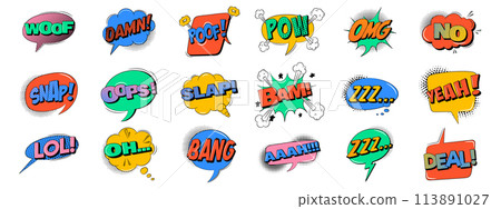 Speech bubble set in trendy retro style. Comic sound effects Speech bubble set in trendy retro style. Comic sound effects 113891027