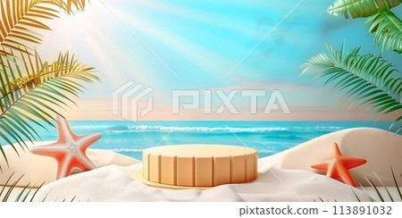 3D Rendering of Beach scene display podium with sand and summer beach, scene design background. 113891032