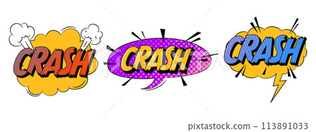Cartoon explosions comical speech bubbles in trendy retro style. Crash text Cartoon explosions comical speech bubbles in trendy retro style. Crash text 113891033
