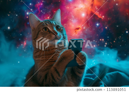 一隻小貓看著太空和智慧型手機的背景材料 113891051