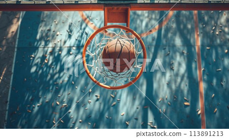 Basketball ball entered in the basket touching the net. Playing in the street on outdoor court, close up 113891213