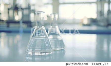 Laboratory equipment beakers and flask with backlight in different group 113891214