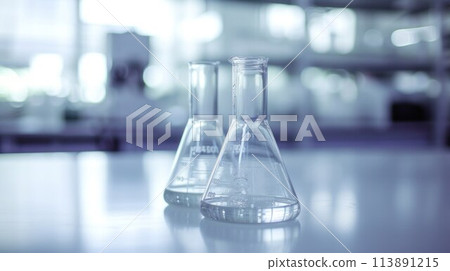 Laboratory equipment beakers and flask with backlight in different group 113891215