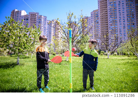 Two friends are playing tetherball swing ball game in summer camping. Two boy brother happy leisure healthy active time outdoors concept 113891286