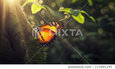 Colorful tropical background. bright orange monarch butterfly on a tree 113891295