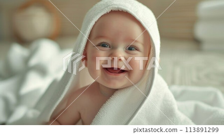 Baby wearing towel in white sunny bedroom. Newborn child relaxing in bed after bath or shower. Nursery for children. Textile and bedding for kids 113891299