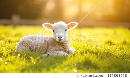 Close up of a newborn lamb in Springtime, laying down in lush green field and facing forward. Clean green background 113891318