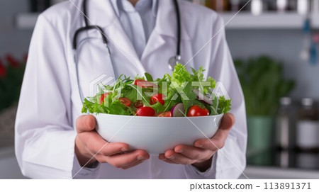 Healthy lifestyle, food concept. Doctor with stethoscope holding fresh vegetables salad 113891371