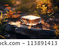 Crystalline organic transparent stone podium in sunlight on natural rocky background. Transparent stand on stone block in the golden hour in the rutting landscape 113891413