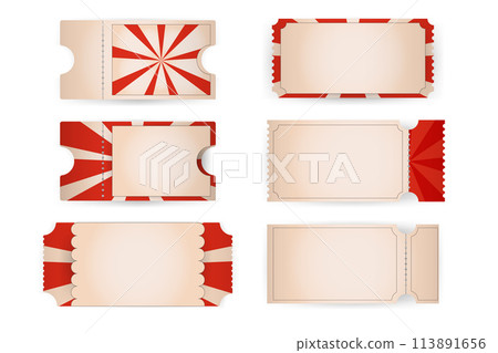 set realistic ticket,voucher coupon retro circus carnival, fair style, template with shadow 113891656