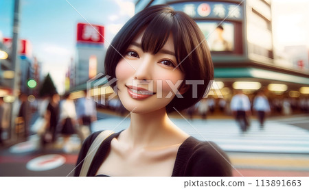 Japanese woman with short hair (on the street) 113891663