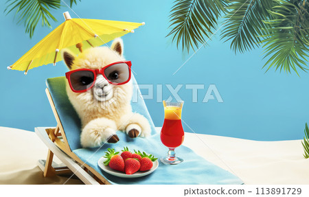 Summer concept with a lounge chair on the ocean, palm branches and a cocktail. Cheerful lama lies in a summer sun lounger Summer concept with a lounge chair on the ocean, palm branches and a cocktail. Cheerful lama lies in a summer sun lounger 113891729