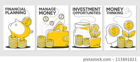 Set of minimalist vector business and finance poster. Financial planning, money thinking, investment opportunities, manage money concept. For banner, motivation, advertisement, a4 format. 113891821