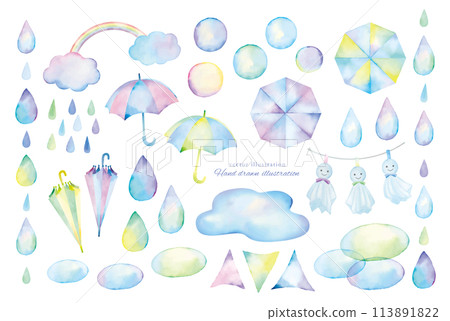 水彩繪製的雨傘和雨滴材料集 水彩繪製的雨傘和雨滴材料集 113891822