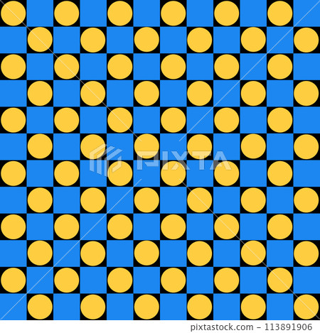 Brutalism abstract vector Pattern with simple geometric shapes circles dots, squares. Black, blue and yellow. Flat illustration. Brutalism abstract vector Pattern with simple geometric shapes circles dots, squares. Black, blue and yellow. Flat illustration. 113891906