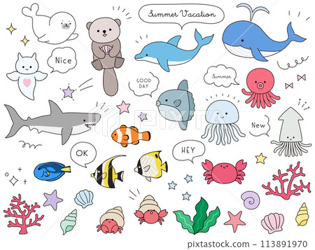 Set of vector illustrations of cute sea creatures. Ocean, aquarium 113891970