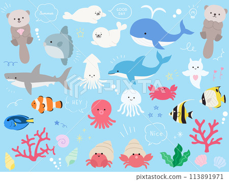 Set of vector illustrations of cute sea creatures. Ocean, aquarium 113891971