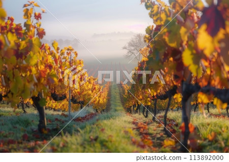 Misty morning in a colorful vineyard during autumn 113892000