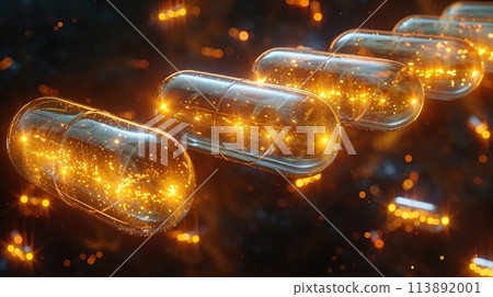 Floating capsules with glowing letters D, A, and E against a sparkling background. Generated AI. 113892001