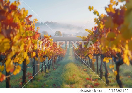 Autumn morning light washes over a vibrant vineyard Autumn morning light washes over a vibrant vineyard 113892133